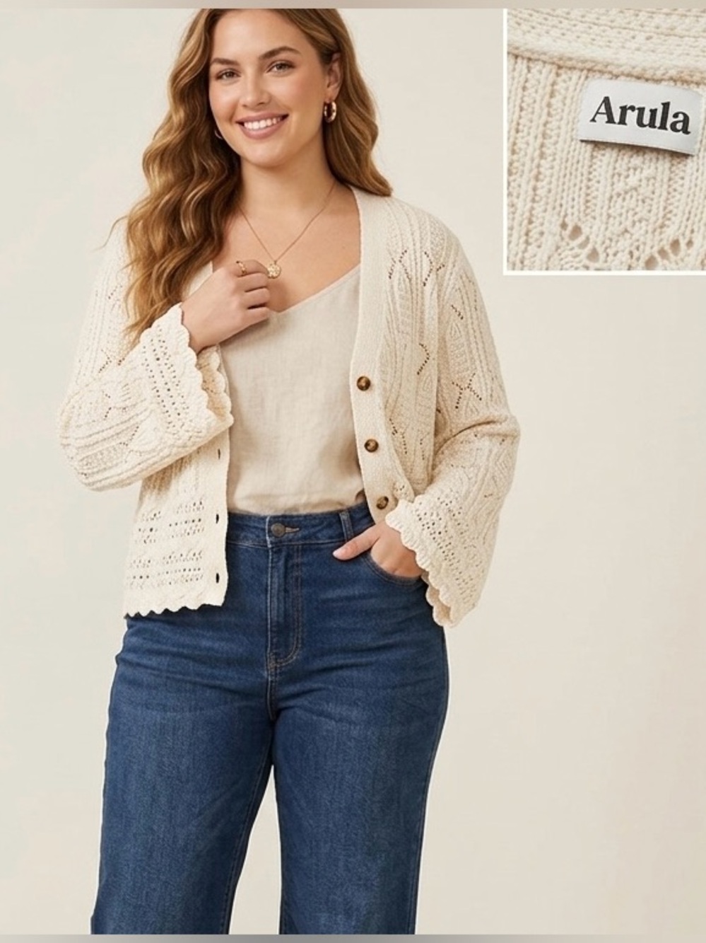 Arula Cotton Cream Crochet Button-Front Cardigan Sweater Boho Cottagecore SZ 2X